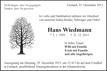 Traueranzeige von Hans Wiedmann von Gmünder Tagespost