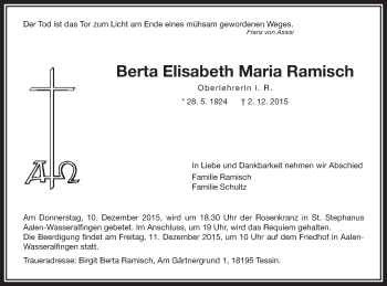 Traueranzeige von Berta Elisabeth Maria Ramisch von Schwäbische Post