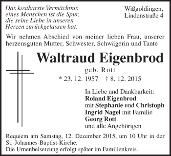 Traueranzeige von Waltraud Eigenbrod von Gmünder Tagespost
