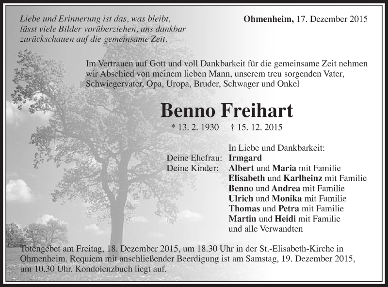  Traueranzeige für Benno Freihart vom 17.12.2015 aus Schwäbische Post