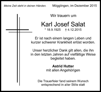 Traueranzeige von Karl Josef Salat von Gmünder Tagespost