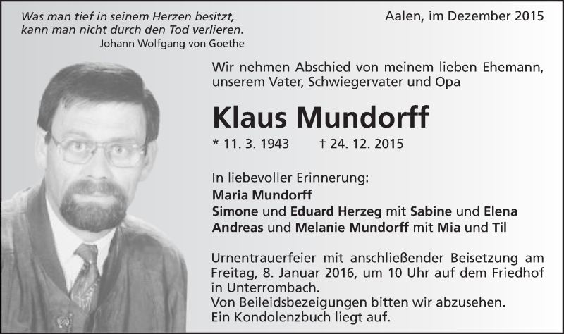  Traueranzeige für Klaus Mundorff vom 30.12.2015 aus Schwäbische Post