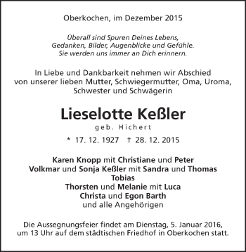 Traueranzeige von Lieselotte Keßler von Schwäbische Post