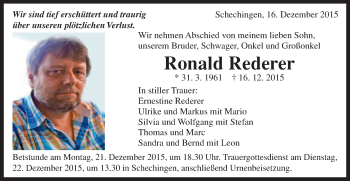 Traueranzeige von Ronald Rederer