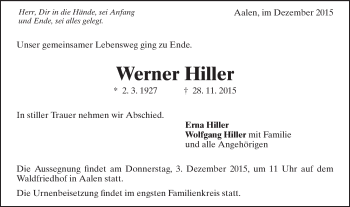 Traueranzeige von Werner Hiller von Schwäbische Post