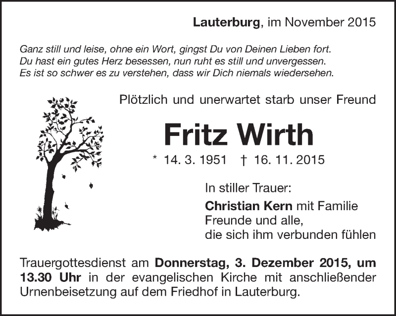  Traueranzeige für Fritz Wirth vom 01.12.2015 aus Schwäbische Post