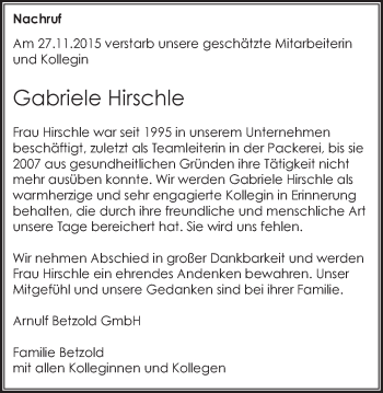 Traueranzeige von Gabriele Hirschle von Schwäbische Post