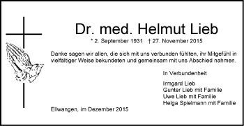 Traueranzeige von Helmut Lieb von Schwäbische Post