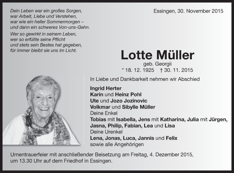  Traueranzeige für Lotte Müller vom 02.12.2015 aus Schwäbische Post