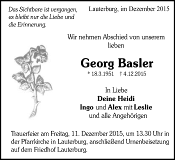 Traueranzeige von Georg Basler von Schwäbische Post