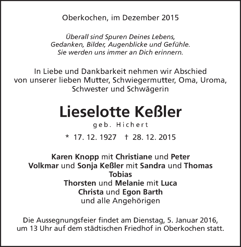  Traueranzeige für Lieselotte Keßler vom 30.12.2015 aus Schwäbische Post