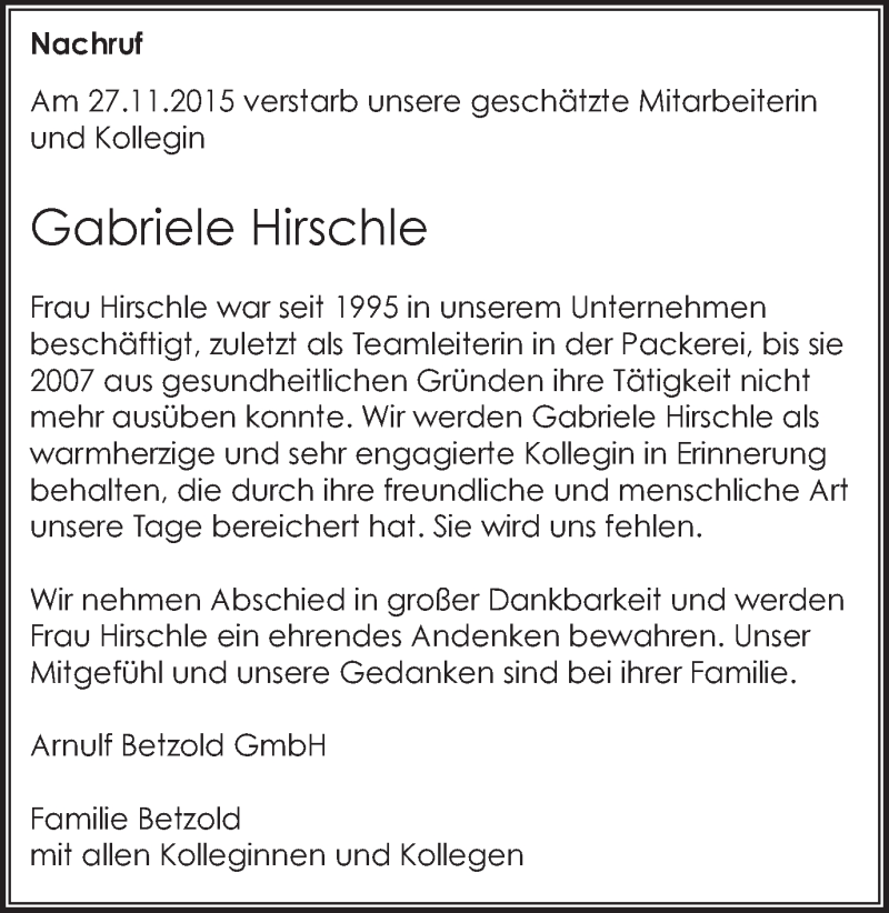 Traueranzeige für Gabriele Hirschle vom 02.12.2015 aus Schwäbische Post