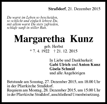 Traueranzeige von Margaretha Kunz von Gmünder Tagespost
