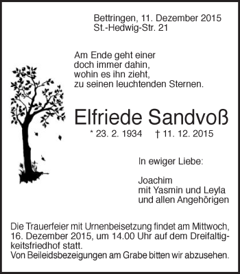 Traueranzeige von Elfriede Sandvoß von Gmünder Tagespost