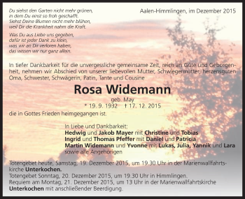 Traueranzeige von Rosa Widemann von Schwäbische Post