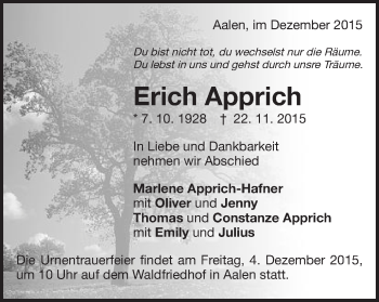 Traueranzeige von Erich Apprich von Schwäbische Post