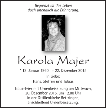 Traueranzeige von Karola Majer von Gmünder Tagespost