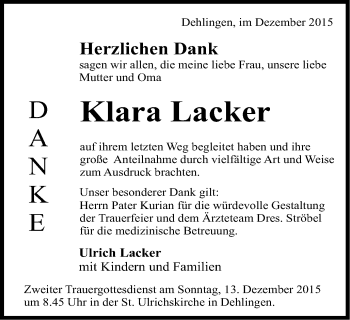 Traueranzeige von Klara Lacker von Schwäbische Post
