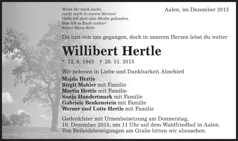  Traueranzeige für Willibald Hertle vom 07.12.2015 aus Schwäbische Post
