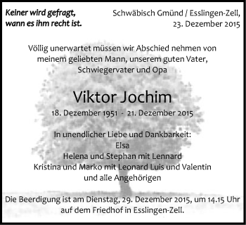 Traueranzeige von Viktor Jochim von Gmünder Tagespost