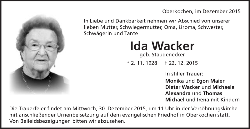  Traueranzeige für Ida Wacker vom 28.12.2015 aus Schwäbische Post