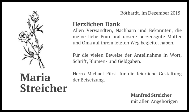  Traueranzeige für Maria Streicher vom 23.12.2015 aus Schwäbische Post