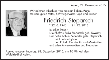 Traueranzeige von Friedrich Steparsch von Schwäbische Post