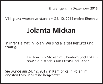 Traueranzeige von Jolanta Mickan von Schwäbische Post
