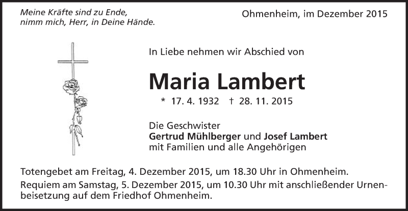  Traueranzeige für Maria Lambert vom 02.12.2015 aus Schwäbische Post