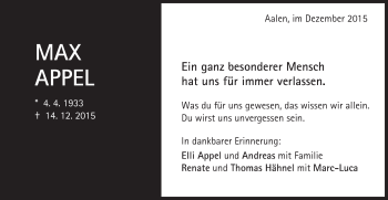 Traueranzeige von Max Appel von Schwäbische Post