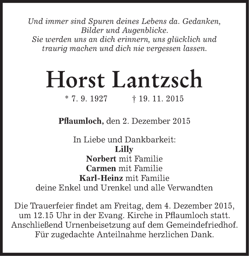  Traueranzeige für Horst Lantzsch vom 02.12.2015 aus Schwäbische Post