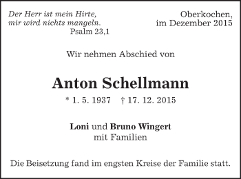 Traueranzeige von Anton Schellmann von Schwäbische Post