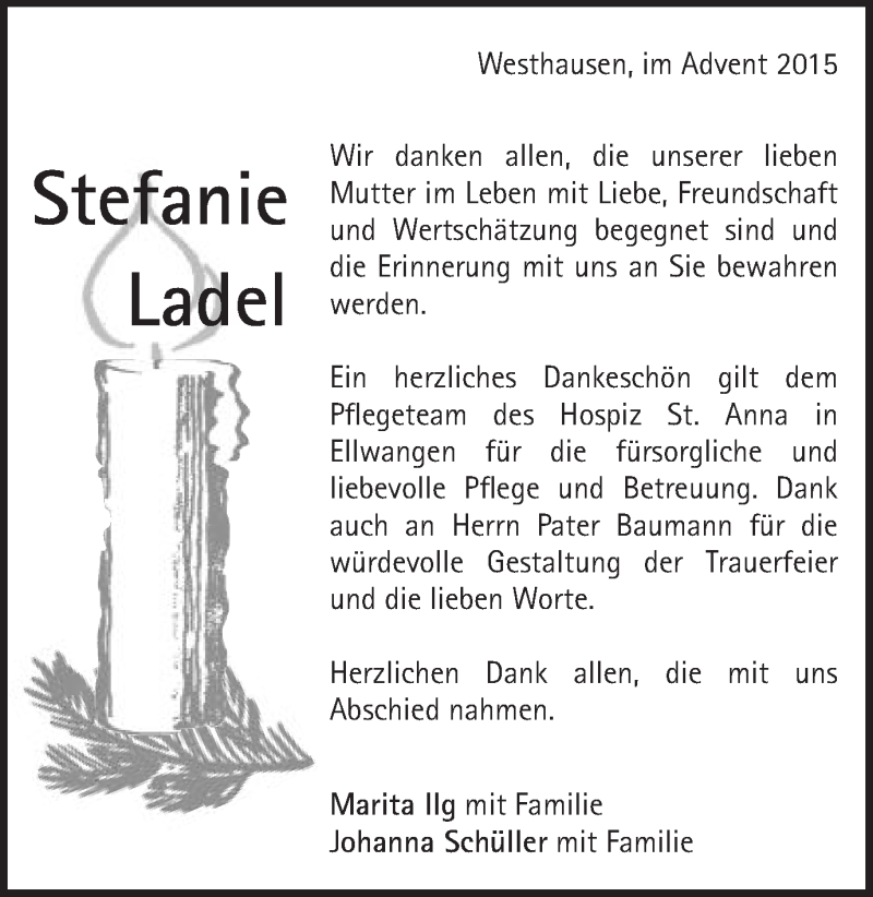  Traueranzeige für Stefanie Ladel vom 12.12.2015 aus Schwäbische Post