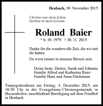 Traueranzeige von Roland Baier von Gmünder Tagespost