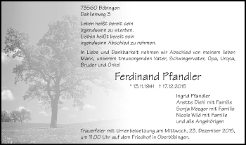 Traueranzeige von Ferdinand Pfandler von Gmünder Tagespost