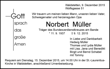 Traueranzeige von Norbert Müller von Gmünder Tagespost
