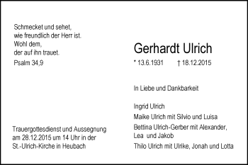 Traueranzeige von Gerhardt Ulrich von Gmünder Tagespost