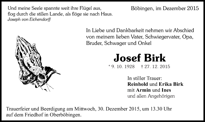  Traueranzeige für Josef Birk vom 28.12.2015 aus Gmünder Tagespost