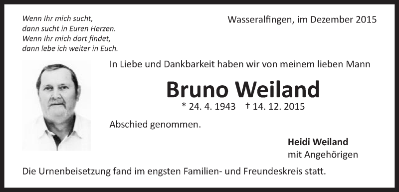  Traueranzeige für Bruno Weiland vom 23.12.2015 aus Schwäbische Post