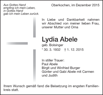 Traueranzeige von Lydia Abele von Schwäbische Post