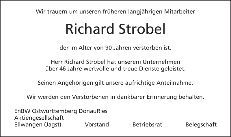  Traueranzeige für Richard Strobel vom 16.12.2015 aus Schwäbische Post
