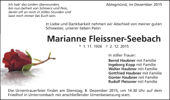 Traueranzeige von Marianne Fleissner-Seebach von Schwäbische Post