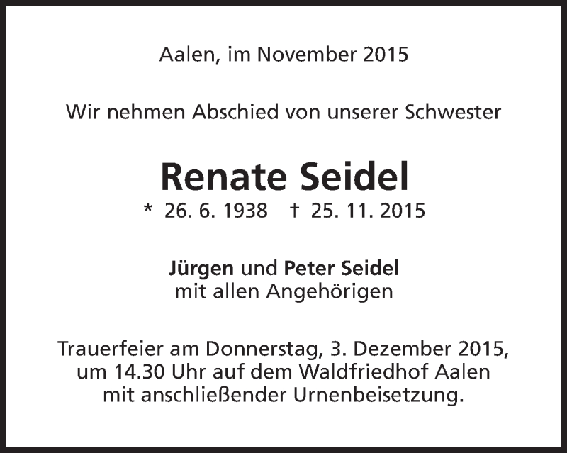  Traueranzeige für Renate Seidel vom 02.12.2015 aus Schwäbische Post