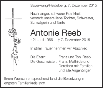 Traueranzeige von Antonie Reeb von Schwäbische Post