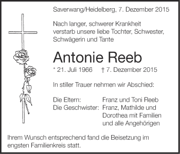 Traueranzeige von Antonie Reeb