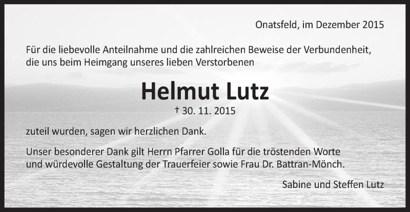  Traueranzeige für Helmut Lutz vom 24.12.2015 aus Schwäbische Post