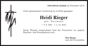 Traueranzeige von Heidi Rieger von Gmünder Tagespost