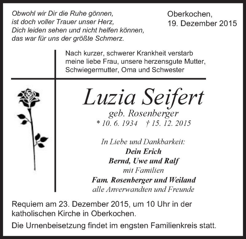  Traueranzeige für Luzia Seifert vom 19.12.2015 aus Schwäbische Post