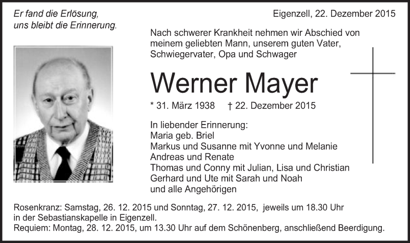  Traueranzeige für Werner Mayer vom 24.12.2015 aus Schwäbische Post