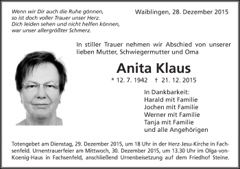 Traueranzeige von Anita Klaus von Schwäbische Post
